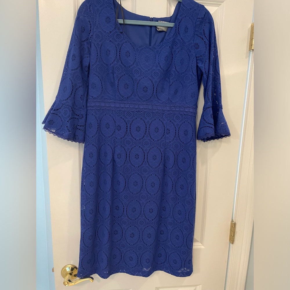 Electric blue fitted dress with lace trim